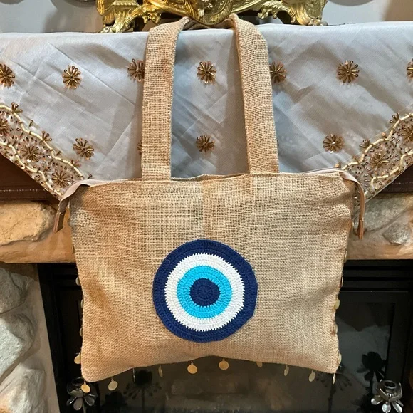 Beige Tote Bag with Blue Evil Eye Design - Picture 6 of 6